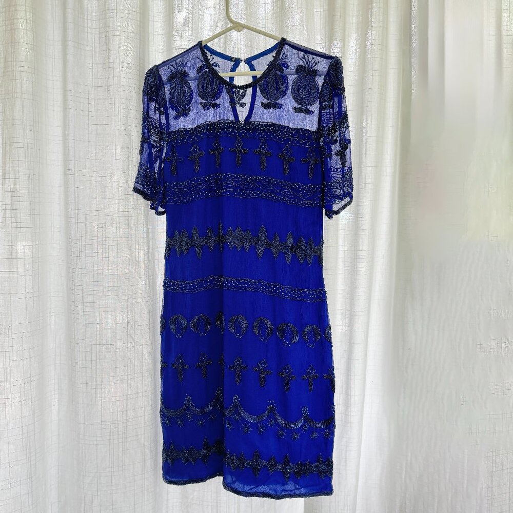Vintage 1980s Blue Beaded Silk Dress